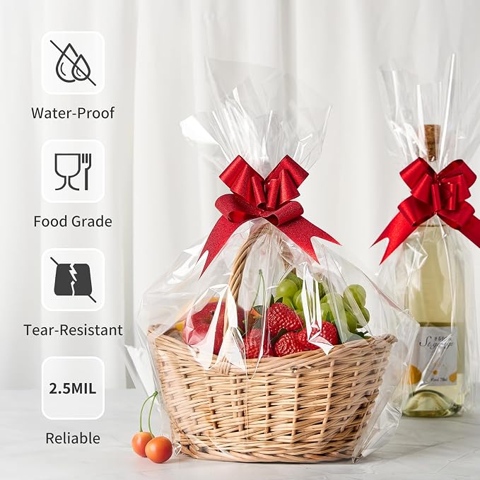 Jutieuo 100 ftx34 in Extra Wide Clear Cellophane Wrap Roll | 2.5 Mil Thick Crystal Transparent Plastic | Bouquet, Baskets, Gifts, Crafts, Treats, Wrapping | Food Grade (34" Fold into 17")