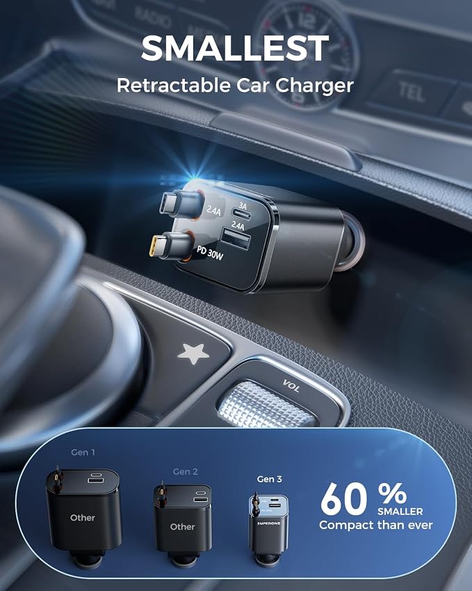 SUPERONE Retractable USB C Car Charger, Phone Car Charger Fast Charging with Dual Type C Cable, Car Accessories Small USBC Car Adapter | Phone Car Charger Fast Charging, Car Accessories Small USBC Car Adapter, for iPhone 17/16/15/14/13/12