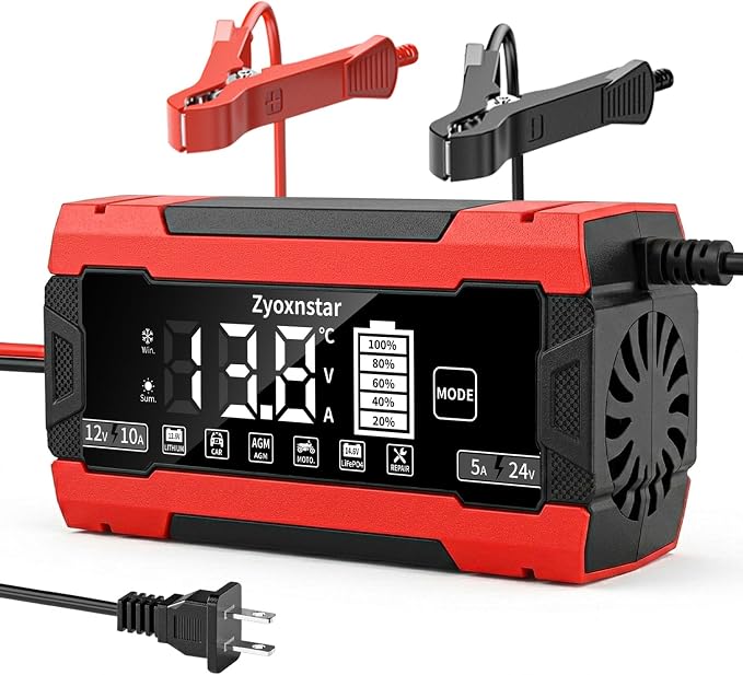 Battery Charger 10 AMP, 12V/24V LiFePO4 Lead Acid Car Battery Pulse Repair Charger, Smart 10-Stage Maintainer & Trickle Charger w/Temp Compensation