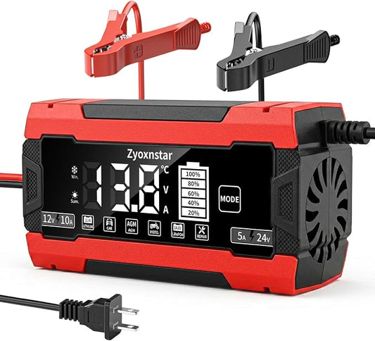 Battery Charger 10 AMP, 12V/24V LiFePO4 Lead Acid Car Battery Pulse Repair Charger, Smart 10-Stage Maintainer & Trickle Charger w/Temp Compensation