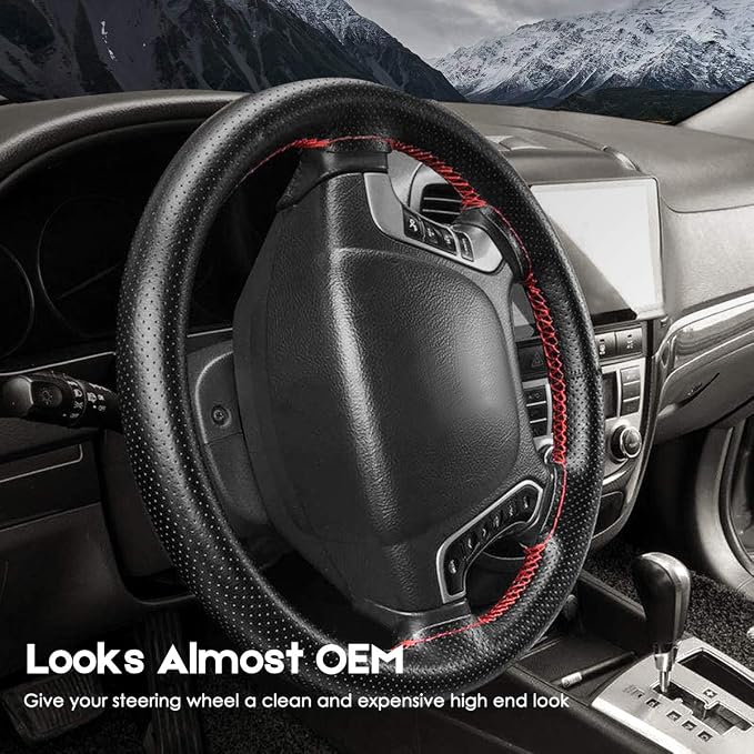 Belinous Perforated Leather Car Steering Wheel Cover (Size M5, Black & Red) | Stitch On Wrap, Universal fit 13-20 Inch, Whole Piece of Cowhide, DIY w/Needle Thread, Breathable Anti-Slip Design