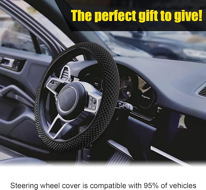 Kewucn Car Elastic Stretch Steering Wheel Cover, Soft Microfiber Breathable Ice Silk, Universal 15 Inch Anti-Slip Auto Steering Wheel Protector, Fit Car, SUV, Van, Sedan, Truck (Black)