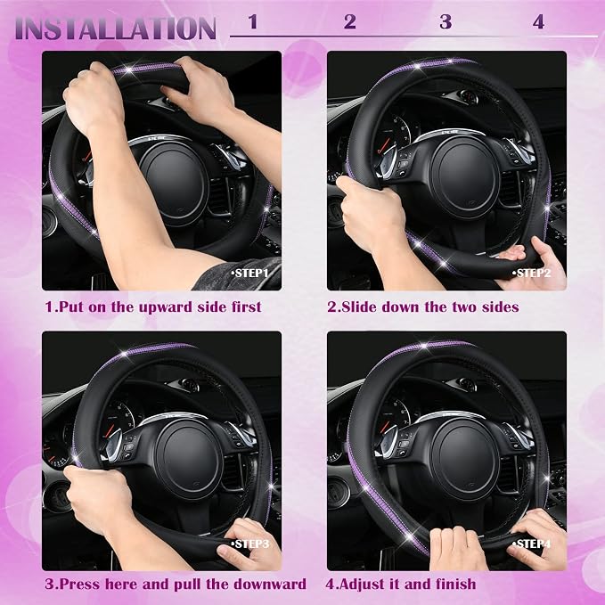 CAR PASS Bling Diamond Black Leather Steering Wheel Cover, Studded Crystal Rhinestones Universal Fit 14" 1/2-15" Glitter for Women Sparkle Girl Fit Suvs,Vans,Sedans,Car,Trucks, Purple Diamond
