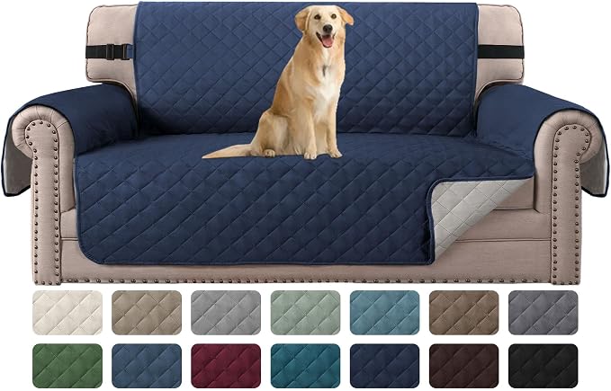 H.VERSAILTEX Reversible Loveseat Cover for 2 Cushion Couch Water Resistant Couch Cover for Dogs Non Slip Furniture Protector Cover with Elastic Strap for Pet Cat(Oversized Loveseat, Navy/Beige)
