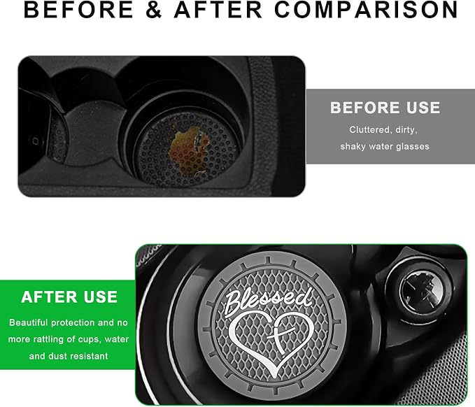 2 PCS Car Cup Holder Coaster, 2.76 Inch Soft PVC Non-Slip Blessed Cross and Heart Christian Car Cup Coasters, Auto Interior Shockproof Insert Drink Mat for Most Vehicles (Gray)