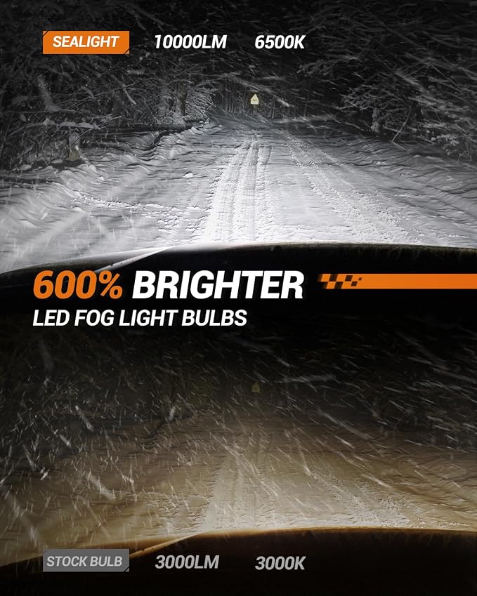 SEALIGHT 9006 HB4 Fog Light Bulbs, 600% Bright HB4 Led Fog Lights, 6500K Cool White Strong Penetration, 50000HRS Lifespan Replacement Fog Light Bulbs, Non-polarity, Pack of 2