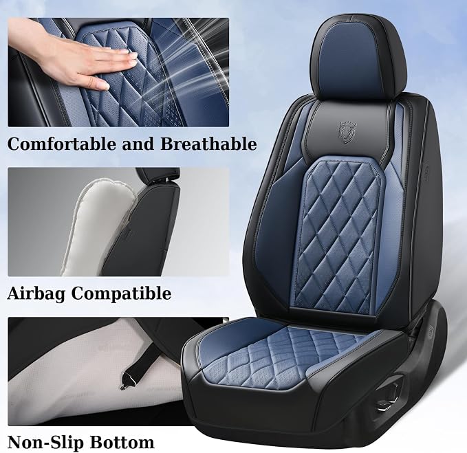 Coverado Car Seat Covers Full Set, Luxury Faux Leather Waterproof Seat Cover, Black and Blue Car Seat Covers, Car Seat Protector, Automotive Seat Covers Universal Fit for Most Cars, Black&Blue