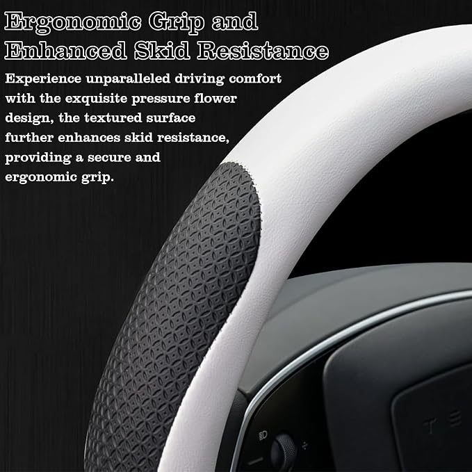 Premium Nappa Leather Steering Wheel Cover, Universal, Comfort Grip, Anti-Slip Breathable, Compatible with 14.5-15 in Steering Wheel Protector, White