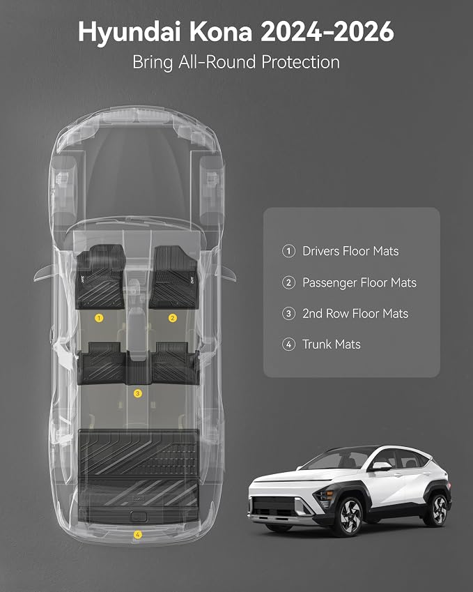 3W Floor Mats & Cargo Liner Compatible with Hyundai Kona 2024-2026 (Gas Models Only), TPE All-Weather Heavy Duty Custom Fit Car Accessories Full Set, Black (Not for EV/Hybrid)