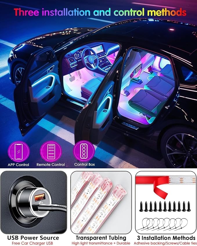 Dreamcolor RGB+IC 72 LED Interior Car Strip Lights with Smart APP Remote Control, Music Sync Under Dash Footwell Neon Internal Lighting Kit Multicolor,12V LED Strip Lights for Cars, Trucks, SUVs