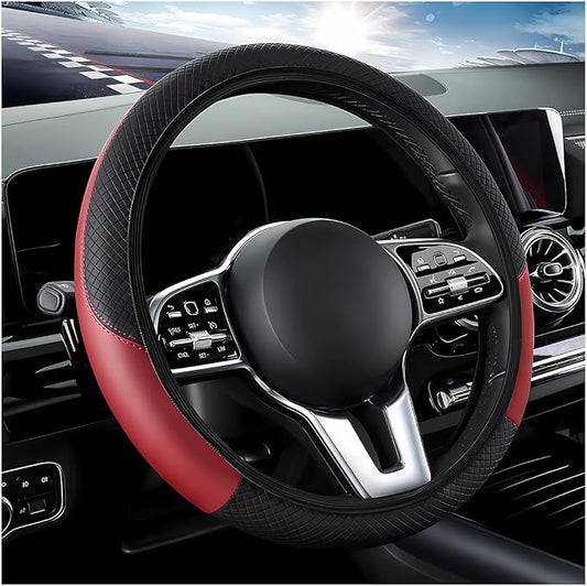 DXNQ Car Steering Wheel Cover, 15 Inch Carbon Fiber Leather Stitching Color Steering Wheel Protector, Anti-Slip Elastic Breathable Steering Wheel Cover Stylish Decor for Most Cars (Wine Red, AD)