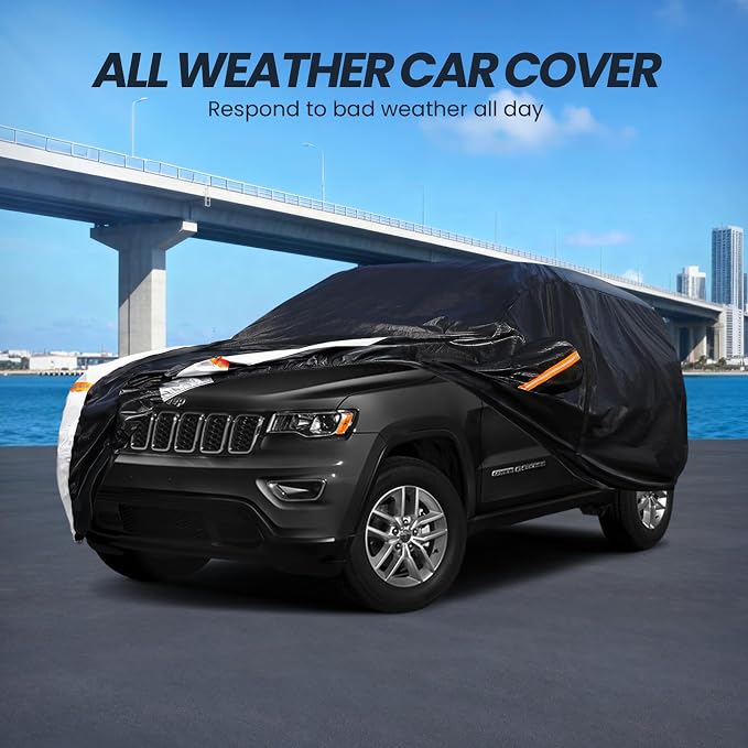 Multi-Layer Car Cover Custom Fit for Jeep Grand Cherokee(2010-2026), 100% Waterproof All Weather for Automobiles, Gift with Towel, Heavy Duty Car Covers for Rain Sun UV Protection with Door Zipper