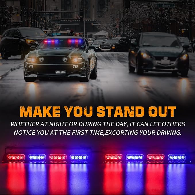 XRIDONSEN Emergency Dash Strobe Lights Safety Flashing Warning Hazard Caution Interior Front/Rear Windshield Deck Split Light Bar w/Suction Cups for Vehicles Trucks (2x14 inch, Red Blue)