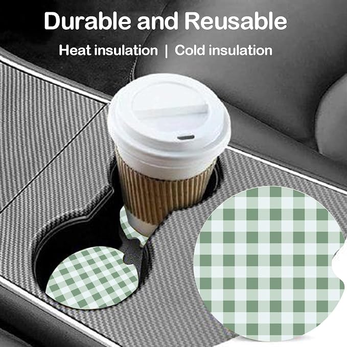 Ceramic Car Coasters – Absorbent Car Cup Holder Coaster Set for Women, Cute Aesthetic Car Accessories for Girls, 2 Pack (Laurel Green)
