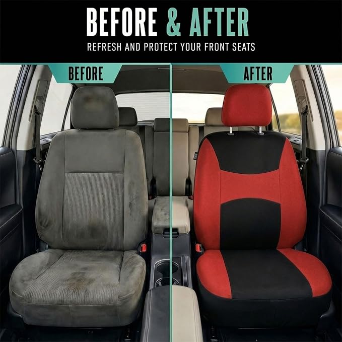 FH Group Car Seat Covers Full Set Cloth, Universal Fit combo, Automotive Covers, Low Back Front Airbag Compatible,Split Bench Rear Seat,Washable Cover for SUV,Sedan,Van Red