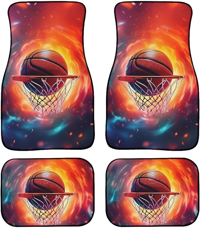 Basketball Print Car Floor Mats Set of 4 Abstract Fire Sports Ball Universal Vehicle Floor Carpet Decorative Auto Front Rear Foot Rugs for Trucks SUV Sedan