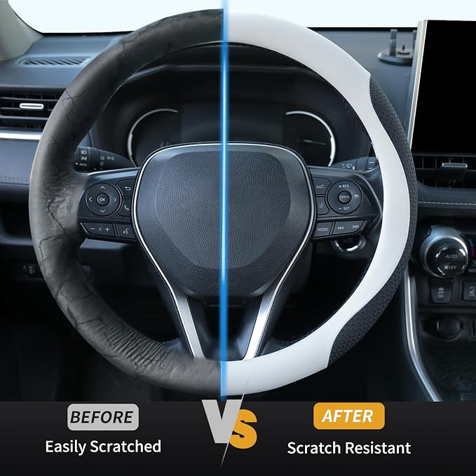 Uxcer Nappa Leather Steering Wheel Cover, Universal 14.5–15 Inch Non-Slip Breathable Steering Wheel Cover for Cars, White