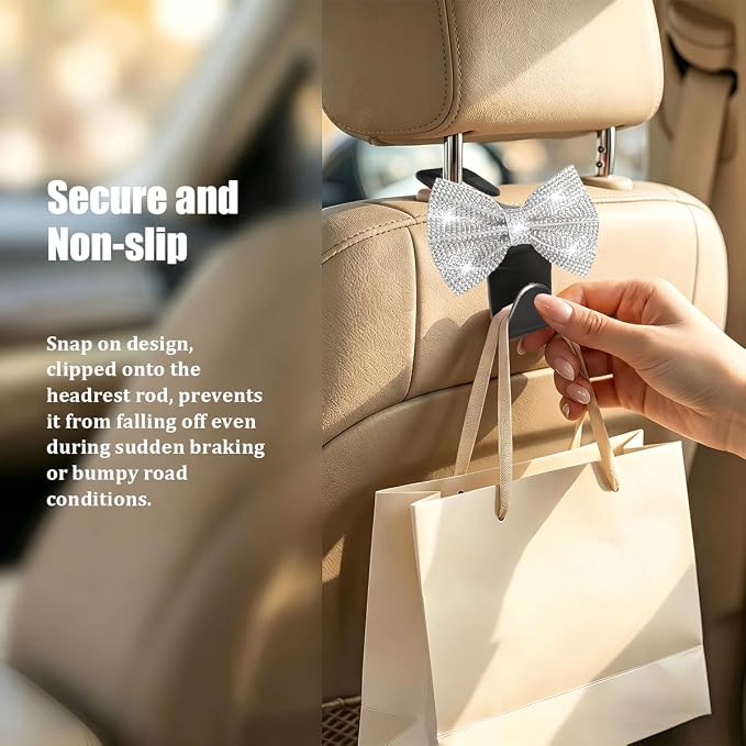 2PCS Bling Bow Headrest Hooks, Car Seat Bag Hangers, White Black | Pvc and rhinestone construction, butterfly bow decoration, rear seat storage, bag and coat hanging, car interior accessories