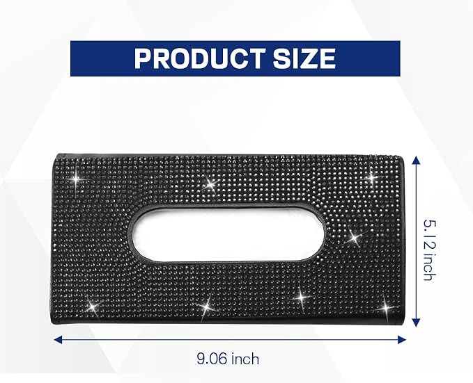 Bling Car Tissue Holder for Sun Visor, Crystal Rhinestone Visor Tissue Box, Leather Vehicle Paper Towel Case, Sparkling Auto Napkin Holder for Women, Car Accessories Decoration (Black)