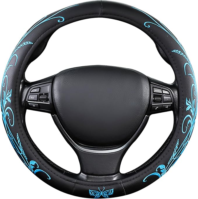 Car Leather Steering Wheel Cover - Panapi Material, Universal 14.5-15 Inch Leather Anti-Slip Breathable Auto Steering Wheel Covers for Men Women (Embroidery-Blue)