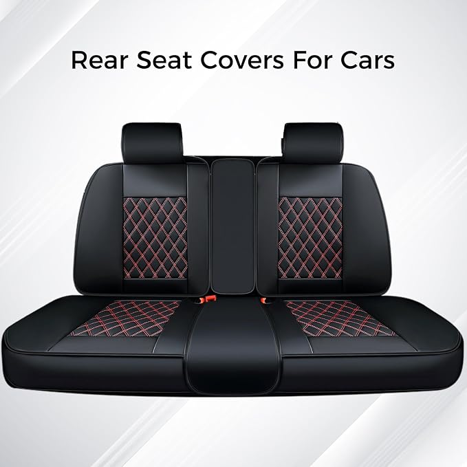 Huidasource Rear Seat Cover, Nappa Leather Back Seat Cover Velcro Adjustable, Compatible with Armrests, Seat Belts, Child Safety Seats, Fit for Most Cars SUVs Trucks (Back Row/Black&Red)