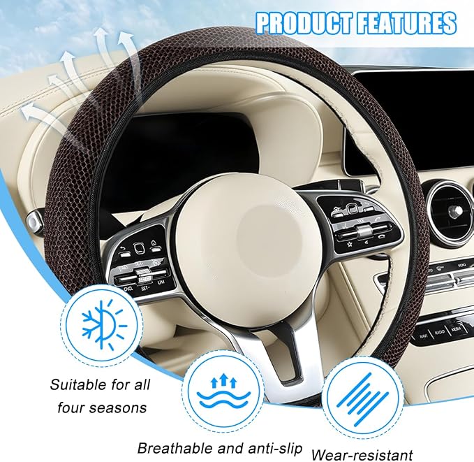 Elastic Stretch Car Steering Wheel Cover, Soft Breathable Ice Silk Steering Wheel Protector, Anti-Slip Automotive Interior Accessories, Universal for Sedan, Truck, Van (Coffee)