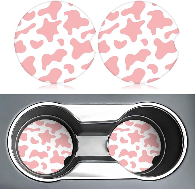 Pink White Cow Print Car Coasters for Cup Holders,2 Pack Car Cup Holder Coasters for Car,Ceramic Absorbent Car Coaster with A Finger Notch and Cork Base,Car Interior Accessories for Women Men