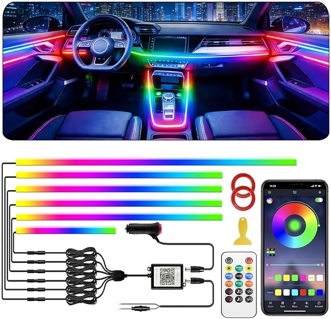 Interior Car LED Strip Lights, Acrylic LED Lights for Car with Dynamic Dreamcolor Chasing, Ambient Lighting Kits Music Sync Wireless APP and Remote Control (6 in 1) 175 inches 593 LEDs