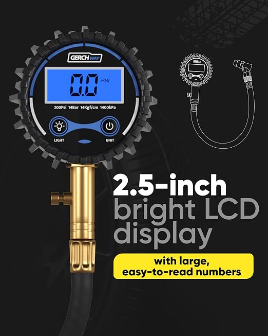 GERCHWAY Digital Tire Pressure Gauge 200 PSI - Accurate Air Pressure Gauge for Tires with Easy-to-Read Numbers & 45° Angle Chuck