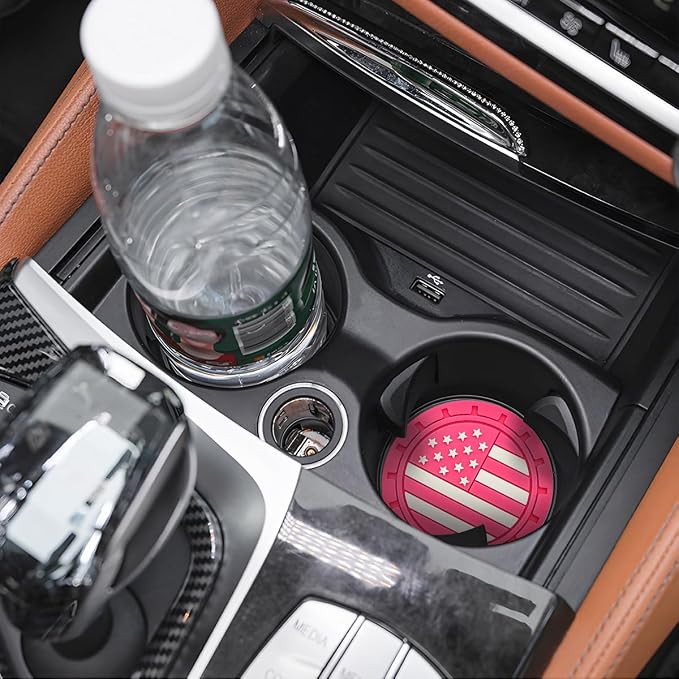 Osilly Car Cup Holder Coasters, 4 Pack American Flag Insert Car Cup Coaster, 2.75 Inch PVC Anti Slip Shockproof Embedded Drink Mat, Car Interior Decoration Accessories for SUV, Truck(Rose Red)