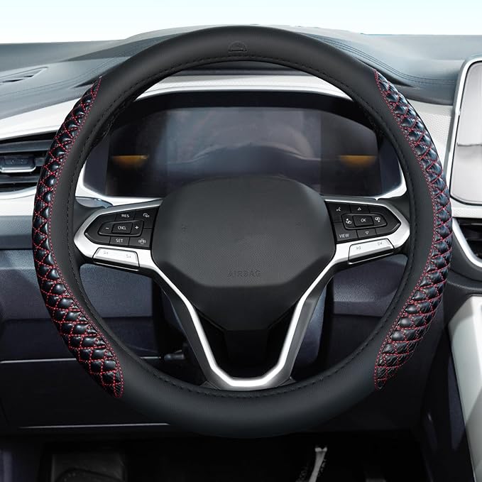Coverado Car Steering Wheel Cover, Nappa Leather Black & Redline Steering Wheel Covers, Universal 14-15 inch, Anti-Slip, Breathable Steering Wheel Protector for Women Men