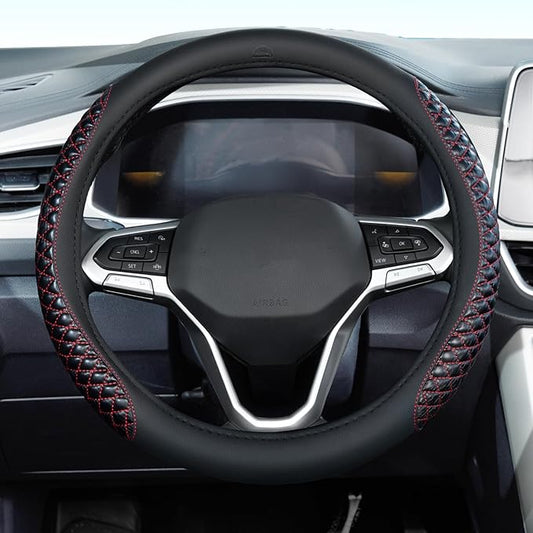 Coverado Car Steering Wheel Cover, Nappa Leather Black & Redline Steering Wheel Covers, Universal 14-15 inch, Anti-Slip, Breathable Steering Wheel Protector for Women Men