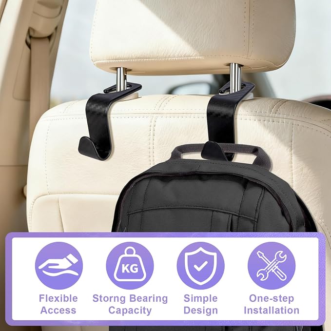 BFXM 6 Pack Car Seat Headrest Hooks, Car Accessories for Women Men, Back Seat Purse Hanger Holder Hook, Universal Storage Organizer for Handbag Grocery Bags Coats (Black Checkered)