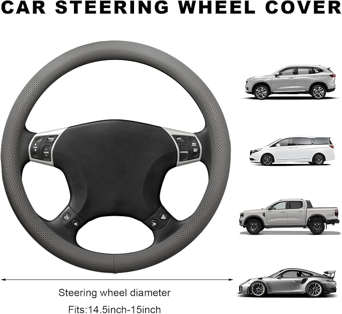 Car Steering Wheel Cover, 15 Inch Breathable Leather Automotive Steering Wheel Protector, Non-Slip Perforated Vehicle Wheels Cover for SUV Truck Van, Interior Car Accessories (Gray)