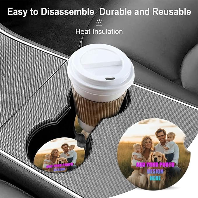Personlized Cup Holder for Car,Upload Your Design/Logo/Photo Here. Ceramic Coasters Non-Slip Cup Holder Insert with Fingertip Grip, Auto Interior Accessories for Women & Men,Pack of 2, 2.56In