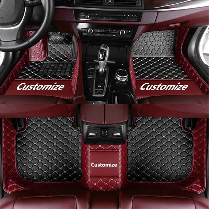 Custom Fit Car Floor Mats - Full Coverage Automotive Leather Floor Liners for Most Vehicles by MingyunSM (Black & Wine Red)