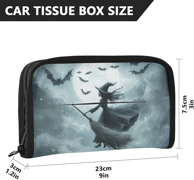 Halloween Bats and Witch Car Tissue Holder Durable Napkin Holder Hanging Tissue Holders Case Car Tissues Bag for Sun Visor Seat Back Universal Auto