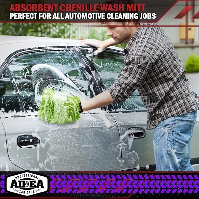 AIDEA Car Wash Mitt Microfiber, 1PK, Car Wash Brush, Green, 7.12''X10.14'' | Scratch Free Lint-Free Premium Chenille Microfiber Mitt, Cleaning Supplies, Regular Size