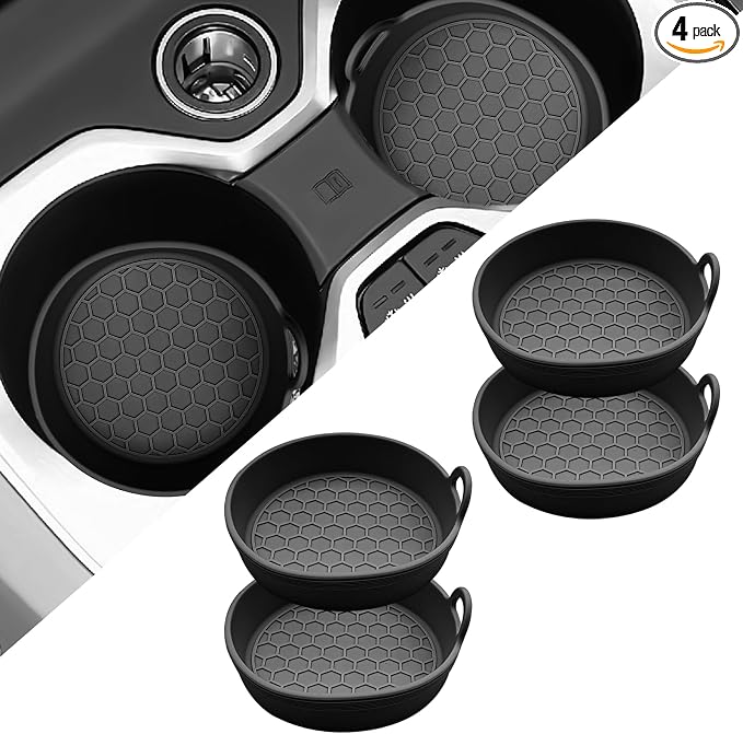 4 Pack Car Cup Holder Coaster, Universal Silicone Non-Slip Insert Pad, Waterproof Spill-Proof Drink Mat for SUV Sedan Truck, Automotive Interior Accessories (Black)