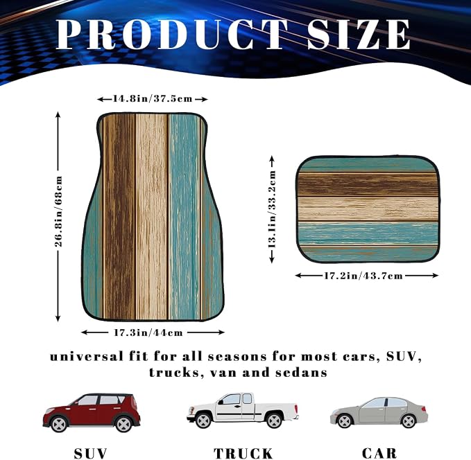 Wood Car Floor Mats Set of 4 Rustic Blue Brown Vintage Plank Automotive Foot Mats Rugs Carpet for Car Non-Slip Auto Car Accessories Universal Fit Car Accessories for Truck