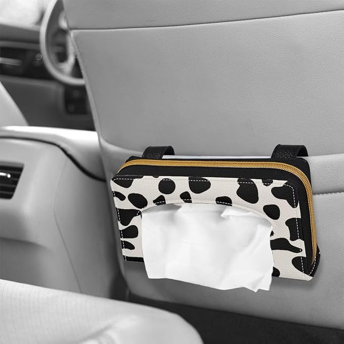 PU Leather Car Napkin Holder Black and White Cow Sun Visor Tissue Holder Christmas Decoration for Most Cars