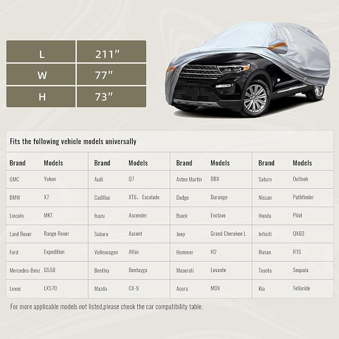 TUCAREST 6 Layers Full Car Cover for SUV- Waterproof, Insulated, Anti-UV, Snow-Proof, Hail-Resistant, Anti-Wind, All-Weather, Thickened Protection, up to 211 in