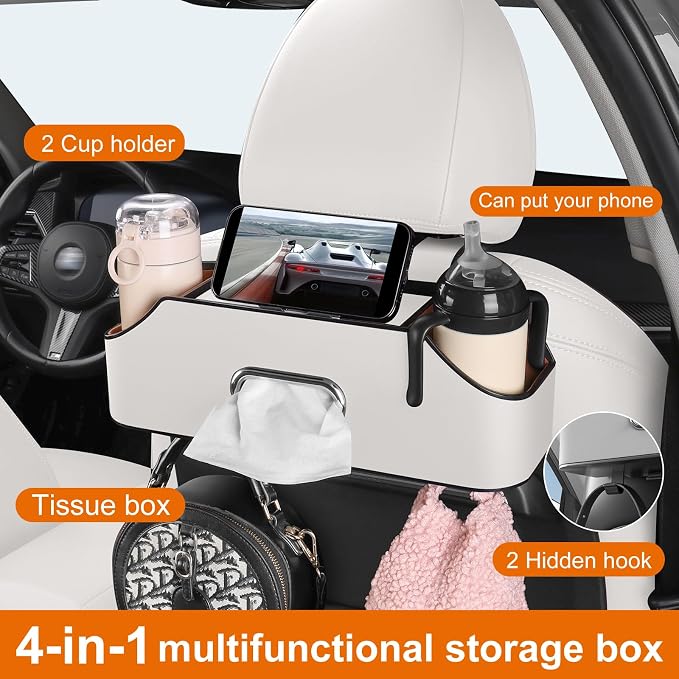 Car Rear Backseat Extra Multifunctional Drink Cup Holder Organizers with Tissue Storage Box Organizer & Hooks for Car Seat Back. White