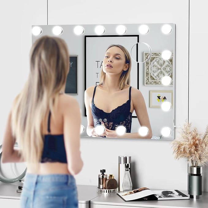 Gvnkvn Vanity Mirror with Lights, 22.8WX18.2L Tabletop Hollyhood Makeup Mirror with USB & Type-C Charing, Hollywood Lighted Mirror with 20 LED Bulbs,Touch Control,Metal Frame,White