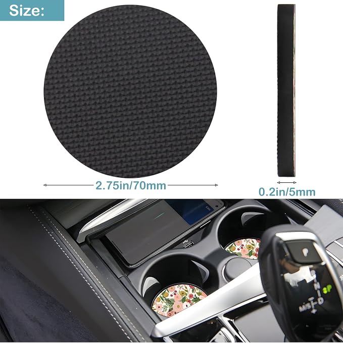 Car Cup Holder Coasters, 2 Pack – 2.75" Universal Auto Anti-Slip Insert Coaster, Rubber Car Coasters, Personalized Car Accessories for Women (Burgundy Flowers)