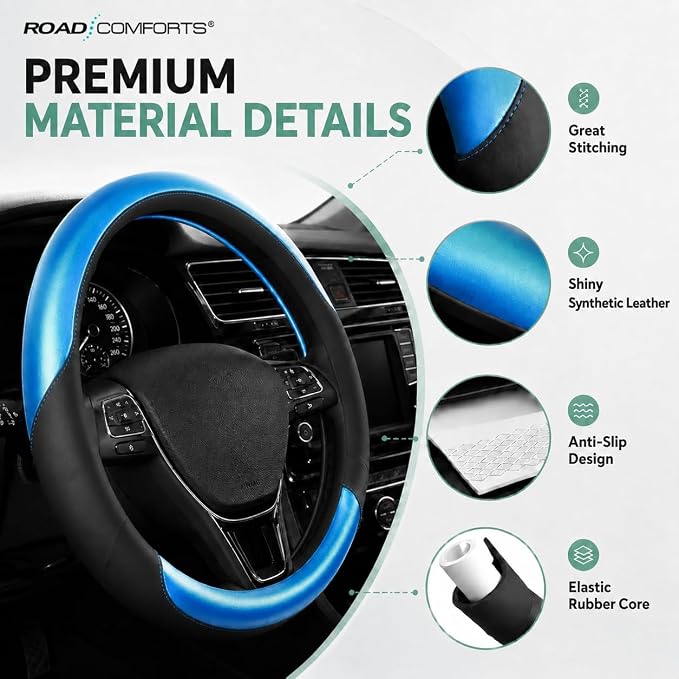 Road Comforts Steering Wheel Cover – Breathable Leather Steering Wheel Cover, Anti-Slip Grip, Universal Fit 14.5” to 15”, Heat & Cold Resistant for Cars, SUVs, and Trucks – Black & Metallic Blue