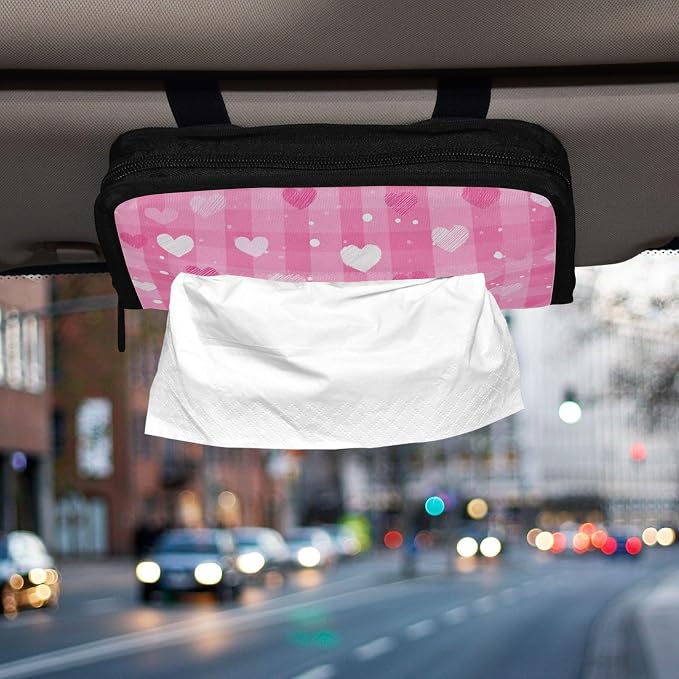 Car Visor Tissue Holder Mask Holder for Car, Car Tissue Box Sun Visor Napkin Holder Car Visor Accessories Adjustable Straps Reusable Durable Easy to Install Pink White Plaid Checkered Hearts