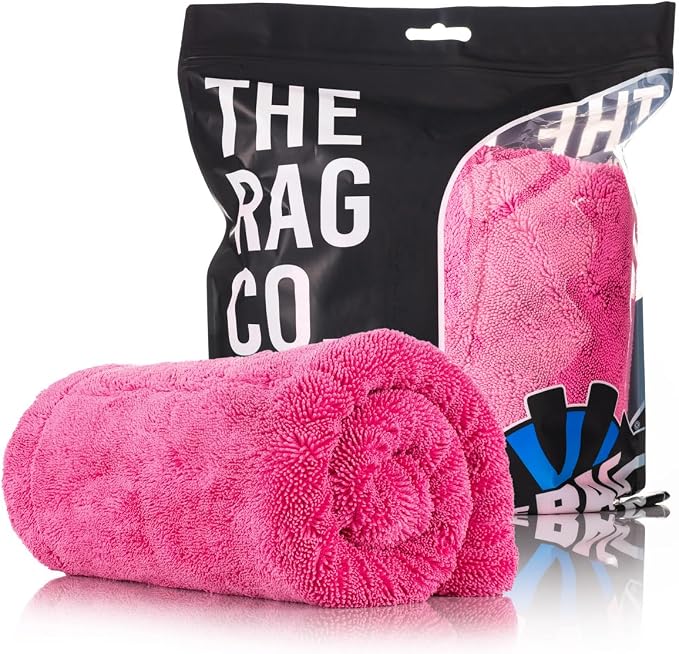 The Rag Company, The Liquid8r M22, Absorbent 70/30 Blend Microfiber Drying Towel for Cars, Trucks, and SUVs, Safe for Detailing, Scratch-Free, Twist Loop, 2200 GSM, 20x20 Inches, Pink