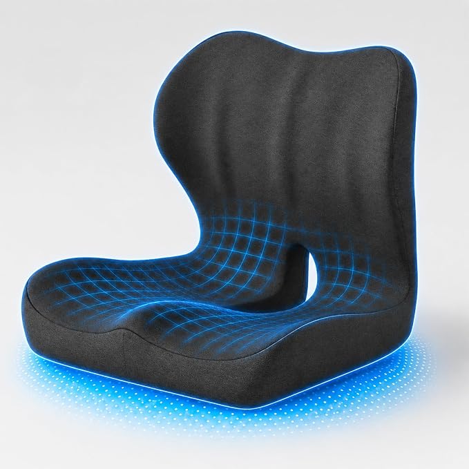 Ergonomic Memory Foam Seat Cushion with Back Support, Office Chair Cushion | L-Shaped Integrated Design with Lumbar Support and Tailbone Cutout for Office, Car, Home Chairs (Large Comfort - Black)
