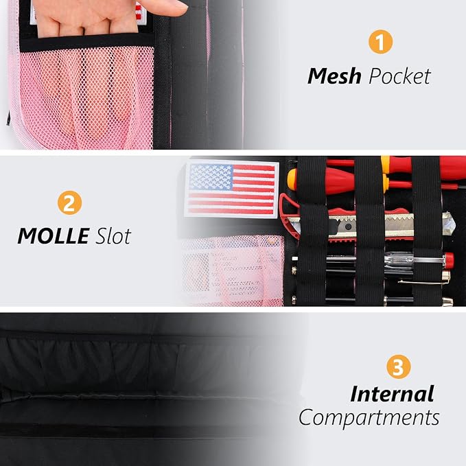 GNEGNI Tactical Car Sun Visor Organizer - Rigid MOLLE Panel Vehicle Storage Pouch with 3 Straps - Car Interior Document and Tool Holder for Truck, SUV, Jeep (13" x 7") (Pink)